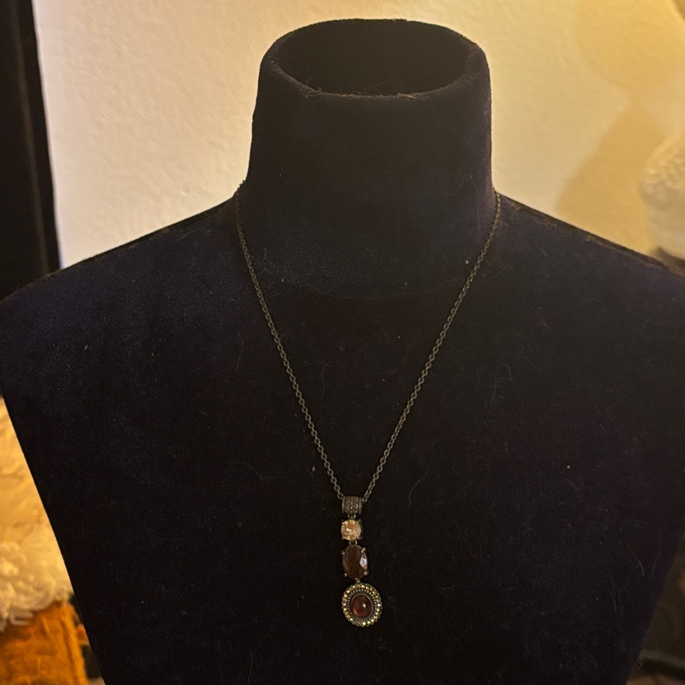 Vintage 70s NRT Avon Faux Amber Cabachon Rhinestone Bronze Tone Necklace